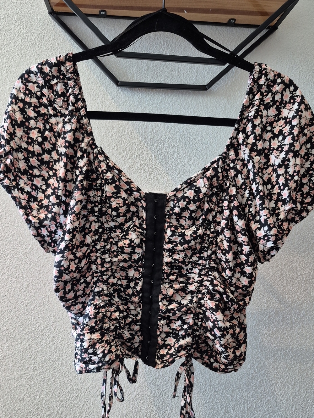 Meraki Black Floral Puff-Sleeve Crop Top with Blush Flowers